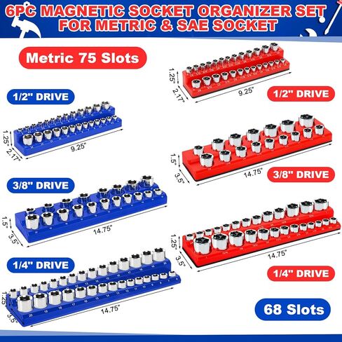 Blulu 26Pcs Magnetic Socket Organizer and Magnetic Wrench Organizer Set, Socket Holder Set 1/4", 3/8", 1/2", Modular Wrench Tool Storage Racks with Metric & SAE Label for Tool Box Drawer Storage in Saudi Arabia