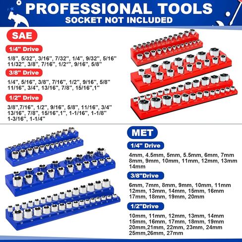 Blulu 26Pcs Magnetic Socket Organizer and Magnetic Wrench Organizer Set, Socket Holder Set 1/4", 3/8", 1/2", Modular Wrench Tool Storage Racks with Metric & SAE Label for Tool Box Drawer Storage in Saudi Arabia