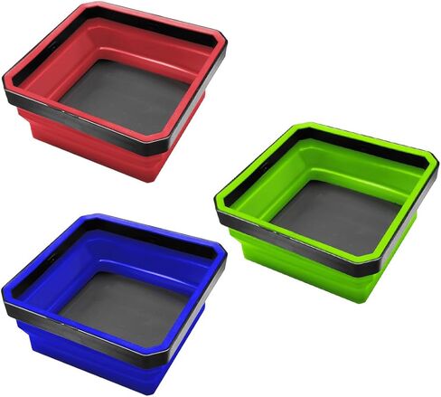 3PCS Magnetic Foldable Tray, Collapsible Tool Organizer Tray Set with Magnetic Base, 4.5 Inch Square Auto Parts Silicone Bowl, Car Storage Accessories for Holding Nuts, Bolts, Small Parts in Saudi Arabia