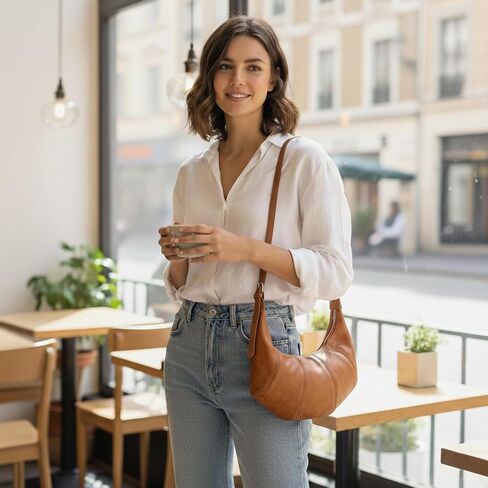 حقيبة كتف صغيرة مترهلة للنساء - محفظة هوبو من الجلد النباتي الناعم وحقيبة يد حول الجسم مع شريطين قابلين للتعديل، وحقيبة تحت الإبط in Kuwait