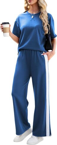 Tanming Two Piece Sets for Women Travel Vacation Outfits Lounge Sets Short Sleeve Tops Striped Wide Leg Pants Tracksuits in Saudi Arabia