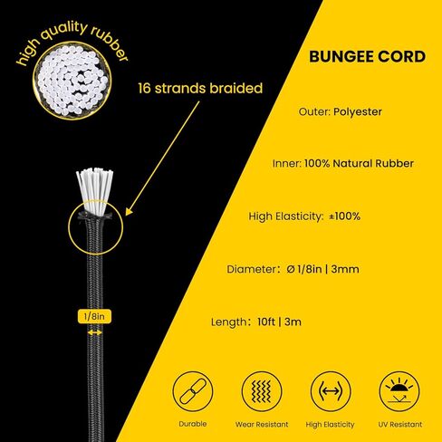 Bungee Cord Elastic Shock Cord 1/8" x 10' Bungee Rope for DIY, Tie Downs, Kayak and Outdoor - Black in Kuwait