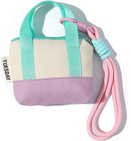 Dopamine Mini Canvas Tote Keychain for Women Small Change Coin Purse with Wrist Strap Key Headset Bag Colorful Travel Pouch(purple-beige) in Saudi Arabia