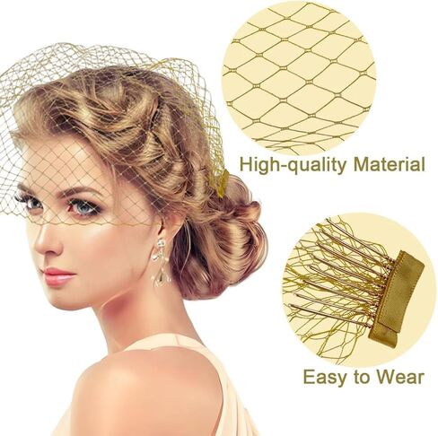 Bridal Birdcage Veil, Nylon Fascinator Mesh Face Veil with Invisible & Comfortable Iron Combs for Woman & Girl(Gold) in Saudi Arabia