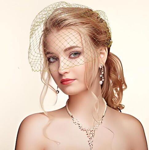 Bridal Birdcage Veil, Nylon Fascinator Mesh Face Veil with Invisible & Comfortable Iron Combs for Woman & Girl(Gold) in Saudi Arabia