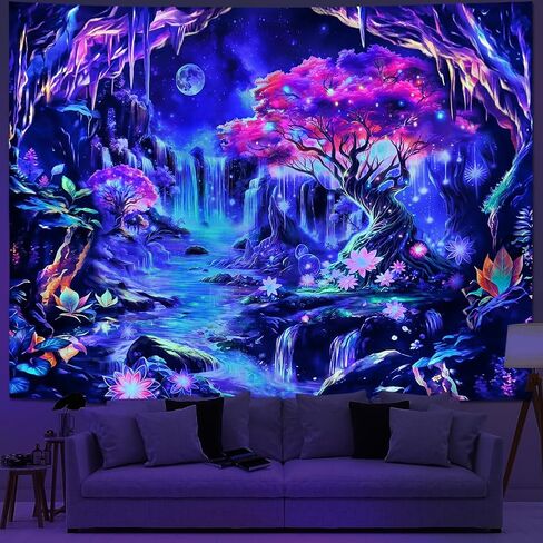 Yuiqear أسود ضوء شجرة الحياة نسيج الأشعة فوق البنفسجية رد الفعل شلال الجبل المفروشات Blacklight الفضاء جدار ديكور الأزهار النباتية الخيال Lanscape نسيج الجدار شنقا لغرفة النوم in Kuwait