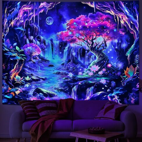 Yuiqear أسود ضوء شجرة الحياة نسيج الأشعة فوق البنفسجية رد الفعل شلال الجبل المفروشات Blacklight الفضاء جدار ديكور الأزهار النباتية الخيال Lanscape نسيج الجدار شنقا لغرفة النوم in Kuwait