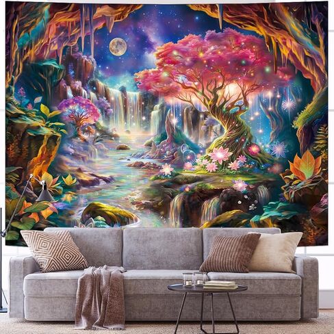 Yuiqear أسود ضوء شجرة الحياة نسيج الأشعة فوق البنفسجية رد الفعل شلال الجبل المفروشات Blacklight الفضاء جدار ديكور الأزهار النباتية الخيال Lanscape نسيج الجدار شنقا لغرفة النوم in Kuwait