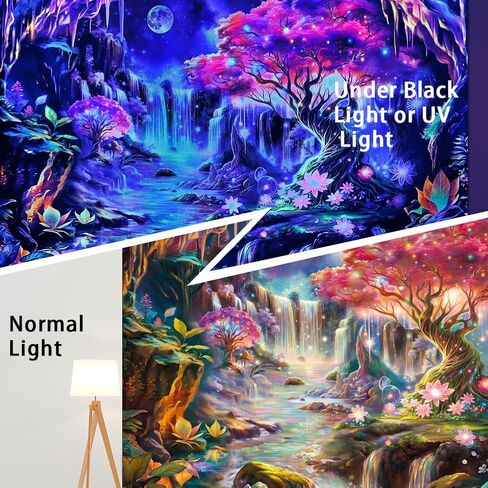 Yuiqear أسود ضوء شجرة الحياة نسيج الأشعة فوق البنفسجية رد الفعل شلال الجبل المفروشات Blacklight الفضاء جدار ديكور الأزهار النباتية الخيال Lanscape نسيج الجدار شنقا لغرفة النوم in Kuwait