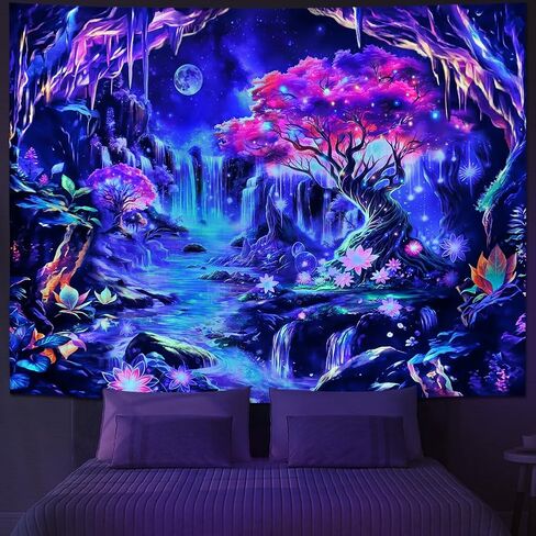 Yuiqear أسود ضوء شجرة الحياة نسيج الأشعة فوق البنفسجية رد الفعل شلال الجبل المفروشات Blacklight الفضاء جدار ديكور الأزهار النباتية الخيال Lanscape نسيج الجدار شنقا لغرفة النوم in Kuwait