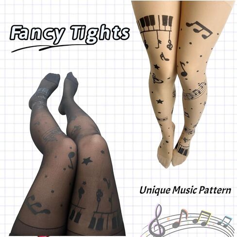 2Pcs Funky Music Note Sheer Tights - Whimsical Piano Key & Musical Print Pantyhose, Stretchy Y2K Aesthetic Stockings for Concerts, Parties & Daily Wear in Saudi Arabia