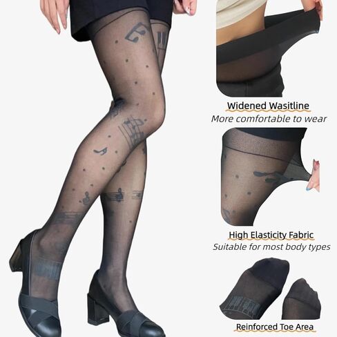 2Pcs Funky Music Note Sheer Tights - Whimsical Piano Key & Musical Print Pantyhose, Stretchy Y2K Aesthetic Stockings for Concerts, Parties & Daily Wear in Saudi Arabia