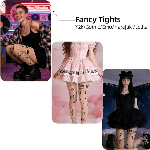 2Pcs Funky Music Note Sheer Tights - Whimsical Piano Key & Musical Print Pantyhose, Stretchy Y2K Aesthetic Stockings for Concerts, Parties & Daily Wear in Saudi Arabia