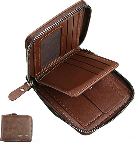 Men's Slim Leather Wallet - Bifold/Minimalist Front Pocket Design with 9 Card Slots & ID Window - Gift Box Included, Thin & Stylish Durable Stitching Zipper Wallet (Coffee) in Saudi Arabia