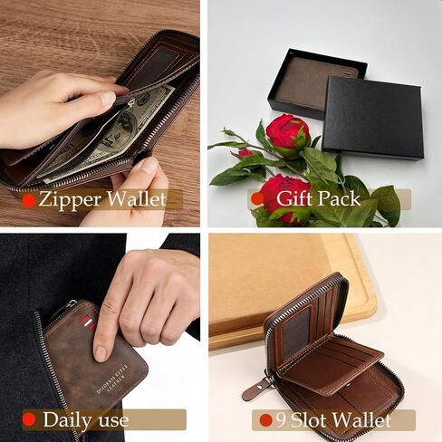 Men's Slim Leather Wallet - Bifold/Minimalist Front Pocket Design with 9 Card Slots & ID Window - Gift Box Included, Thin & Stylish Durable Stitching Zipper Wallet (Coffee) in Saudi Arabia