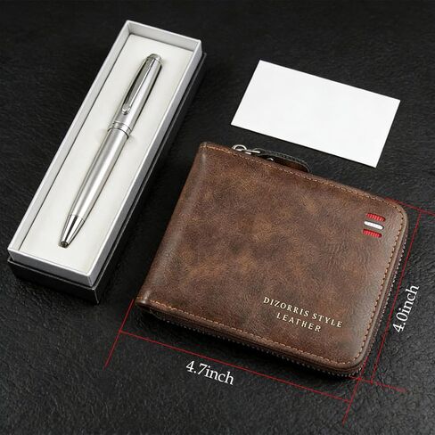 Men's Slim Leather Wallet - Bifold/Minimalist Front Pocket Design with 9 Card Slots & ID Window - Gift Box Included, Thin & Stylish Durable Stitching Zipper Wallet (Coffee) in Saudi Arabia
