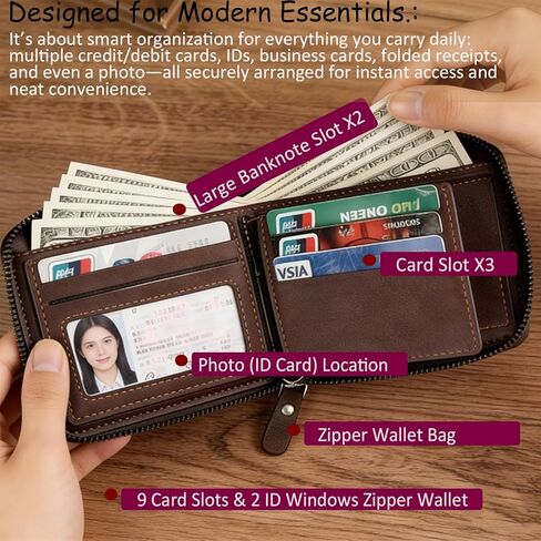 Men's Slim Leather Wallet - Bifold/Minimalist Front Pocket Design with 9 Card Slots & ID Window - Gift Box Included, Thin & Stylish Durable Stitching Zipper Wallet (Coffee) in Saudi Arabia