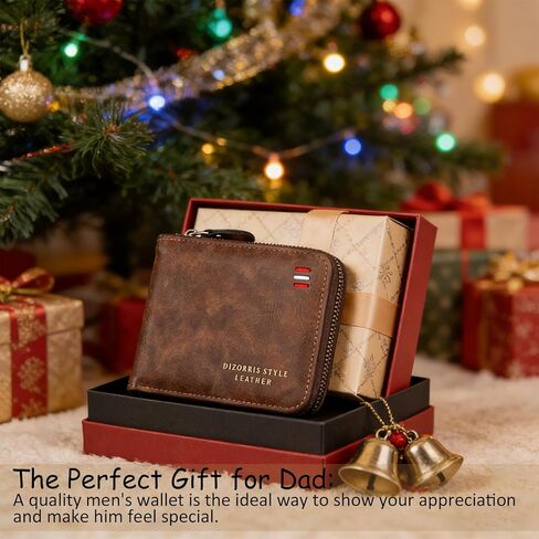 Men's Slim Leather Wallet - Bifold/Minimalist Front Pocket Design with 9 Card Slots & ID Window - Gift Box Included, Thin & Stylish Durable Stitching Zipper Wallet (Coffee) in Saudi Arabia
