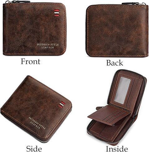Men's Slim Leather Wallet - Bifold/Minimalist Front Pocket Design with 9 Card Slots & ID Window - Gift Box Included, Thin & Stylish Durable Stitching Zipper Wallet (Coffee) in Saudi Arabia