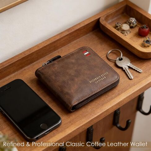 Men's Slim Leather Wallet - Bifold/Minimalist Front Pocket Design with 9 Card Slots & ID Window - Gift Box Included, Thin & Stylish Durable Stitching Zipper Wallet (Coffee) in Saudi Arabia