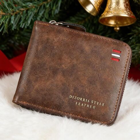 Men's Slim Leather Wallet - Bifold/Minimalist Front Pocket Design with 9 Card Slots & ID Window - Gift Box Included, Thin & Stylish Durable Stitching Zipper Wallet (Coffee) in Saudi Arabia