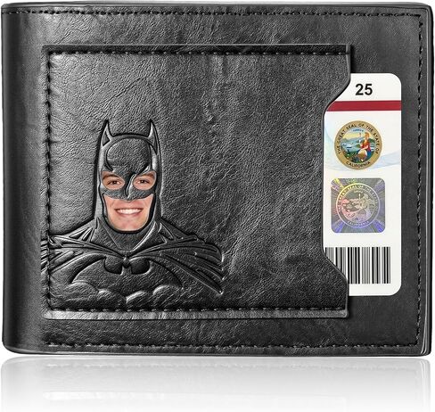 محفظة AMARONE الجلدية الخفاش للرجال هدية عيد الحب له هدية شخصية للزوج هدايا عيد ميلاد فريدة من نوعها أفضل للذكرى السنوية | معرف البطل مع قناع البطل الخارق المعدني ثلاثي الأبعاد (ثنائي الطي) in Kuwait