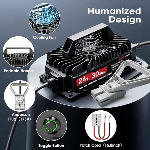 24V 30A Lithium Battery Charger for 29.2V LiFePO4 and Lead-Acid, for Forklift, Golf Cart, Floor Scrubbers, RV, Boat and Pallet Jack, with Anderson Plug in Kuwait