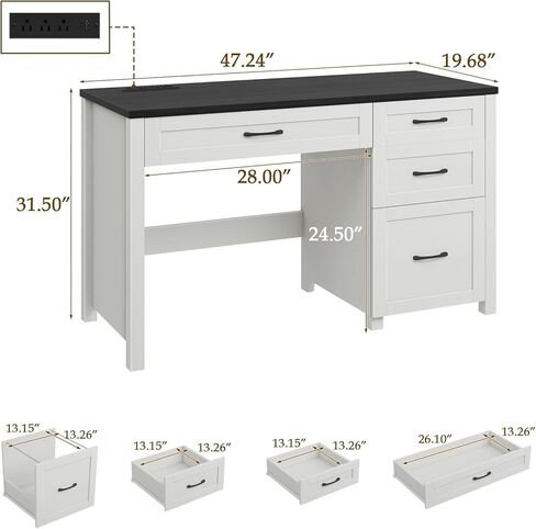 Vabches Farmhouse 47" Executive Desk, Computer Desk with File Drawer and Charging Station, Workstation for Home Office, Study,(Black). in Saudi Arabia