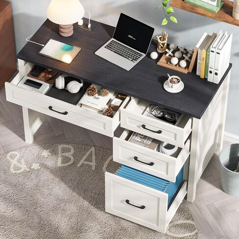 Vabches Farmhouse 47" Executive Desk, Computer Desk with File Drawer and Charging Station, Workstation for Home Office, Study,(Black). in Saudi Arabia