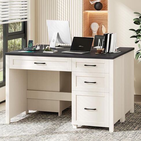 Vabches Farmhouse 47" Executive Desk, Computer Desk with File Drawer and Charging Station, Workstation for Home Office, Study,(Black). in Saudi Arabia