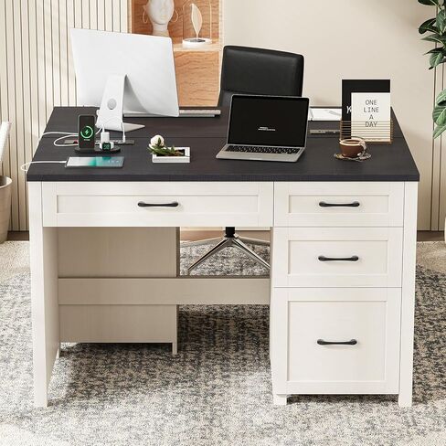 Vabches Farmhouse 47" Executive Desk, Computer Desk with File Drawer and Charging Station, Workstation for Home Office, Study,(Black). in Saudi Arabia