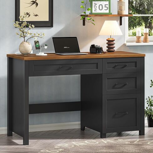 Vabches Farmhouse 47" Executive Desk, Computer Desk with File Drawer and Charging Station, Workstation for Home Office, Study,(Black). in Saudi Arabia