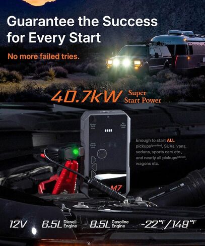 M7 Smart Car Jump Starter with Air Compressor, 12V Portable Jump Pack for up to 8.5L Gasoline and 6.5L Diesel Engines, 150PSI Digital Tire Inflator, Jumper Cables and Light in Saudi Arabia