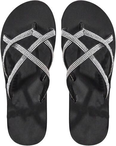 OYOANGLE Women's Rhinestone Sparkly Strappy Flip Flops Open Toe Shiny Slip on Flat Sandals in Saudi Arabia