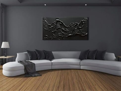 zoinart 100٪ مرسومة باليد نسيج سميك أسود جدار الفن لوحة زيتية بسيطة الفن المعاصر 24 × 48 بوصة زيت على قماش أسود Texturd جدار الفن ديكور المنزل in Kuwait