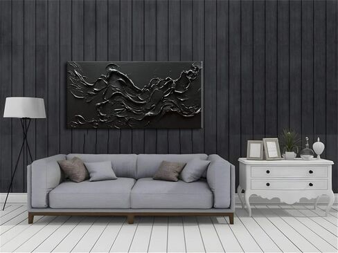 zoinart 100٪ مرسومة باليد نسيج سميك أسود جدار الفن لوحة زيتية بسيطة الفن المعاصر 24 × 48 بوصة زيت على قماش أسود Texturd جدار الفن ديكور المنزل in Kuwait