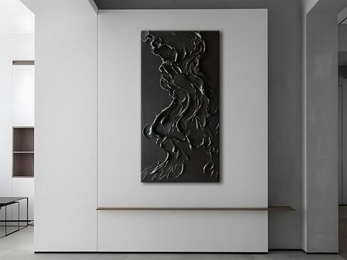 zoinart 100٪ مرسومة باليد نسيج سميك أسود جدار الفن لوحة زيتية بسيطة الفن المعاصر 24 × 48 بوصة زيت على قماش أسود Texturd جدار الفن ديكور المنزل in Kuwait