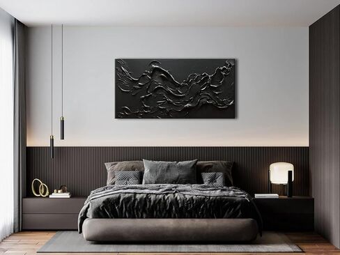 zoinart 100٪ مرسومة باليد نسيج سميك أسود جدار الفن لوحة زيتية بسيطة الفن المعاصر 24 × 48 بوصة زيت على قماش أسود Texturd جدار الفن ديكور المنزل in Kuwait