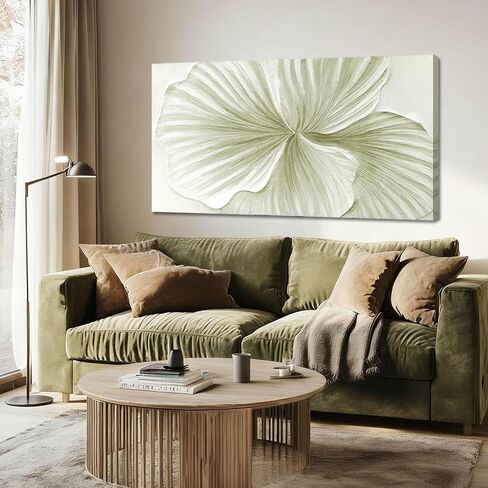 MLART99 Abstract Leaf Wall Art Modern Ginkgo Canvas Hand-drawn Painting 24x48 Green and White Large Artwork Minimalist Decoration for Living Room Bedroom Office Home in Saudi Arabia