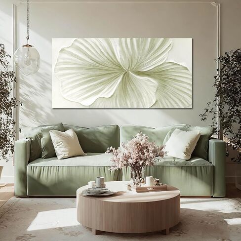 MLART99 Abstract Leaf Wall Art Modern Ginkgo Canvas Hand-drawn Painting 24x48 Green and White Large Artwork Minimalist Decoration for Living Room Bedroom Office Home in Saudi Arabia