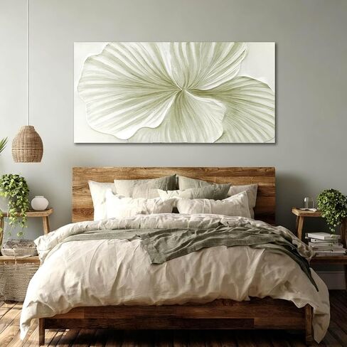 MLART99 Abstract Leaf Wall Art Modern Ginkgo Canvas Hand-drawn Painting 24x48 Green and White Large Artwork Minimalist Decoration for Living Room Bedroom Office Home in Saudi Arabia