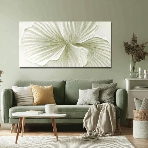 MLART99 Abstract Leaf Wall Art Modern Ginkgo Canvas Hand-drawn Painting 24x48 Green and White Large Artwork Minimalist Decoration for Living Room Bedroom Office Home in Saudi Arabia