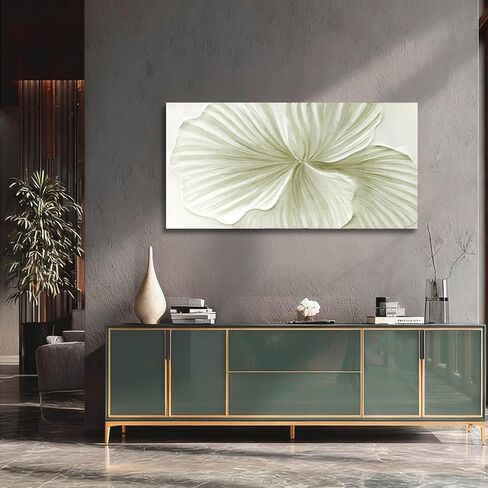 MLART99 Abstract Leaf Wall Art Modern Ginkgo Canvas Hand-drawn Painting 24x48 Green and White Large Artwork Minimalist Decoration for Living Room Bedroom Office Home in Saudi Arabia
