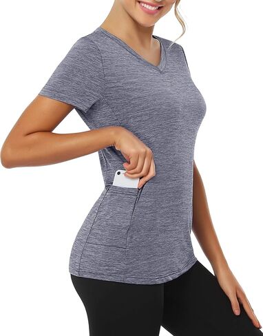 Women's V Neck Workout T-Shirt Short Sleeve Moisture Wicking Tee with Pocket Running Yoga Athletic Shirt Sportswear in Saudi Arabia