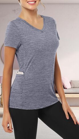 Women's V Neck Workout T-Shirt Short Sleeve Moisture Wicking Tee with Pocket Running Yoga Athletic Shirt Sportswear in Saudi Arabia