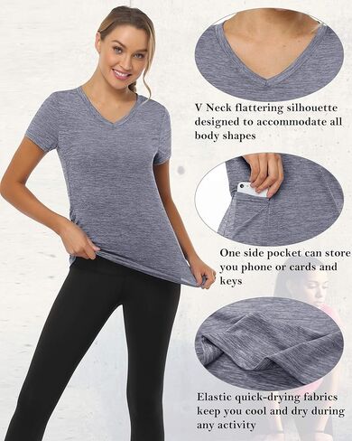Women's V Neck Workout T-Shirt Short Sleeve Moisture Wicking Tee with Pocket Running Yoga Athletic Shirt Sportswear in Saudi Arabia