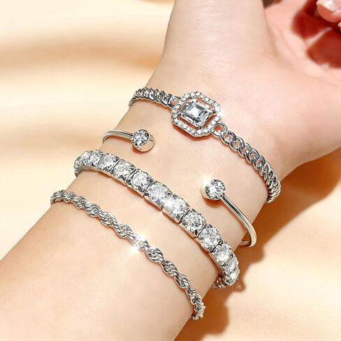 4 Pcs Silver Plated Stackable Bracelets Set for Women Cubic Zirconia Tennis Rope Chain Layering Bangle Adjustable Jewelry (Pack of 4) in Saudi Arabia