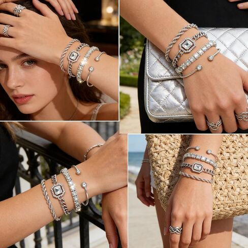 4 Pcs Silver Plated Stackable Bracelets Set for Women Cubic Zirconia Tennis Rope Chain Layering Bangle Adjustable Jewelry (Pack of 4) in Saudi Arabia