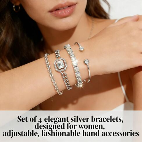 4 Pcs Silver Plated Stackable Bracelets Set for Women Cubic Zirconia Tennis Rope Chain Layering Bangle Adjustable Jewelry (Pack of 4) in Saudi Arabia