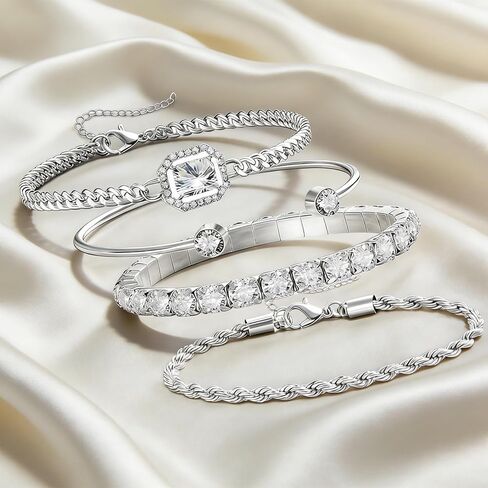 4 Pcs Silver Plated Stackable Bracelets Set for Women Cubic Zirconia Tennis Rope Chain Layering Bangle Adjustable Jewelry (Pack of 4) in Saudi Arabia